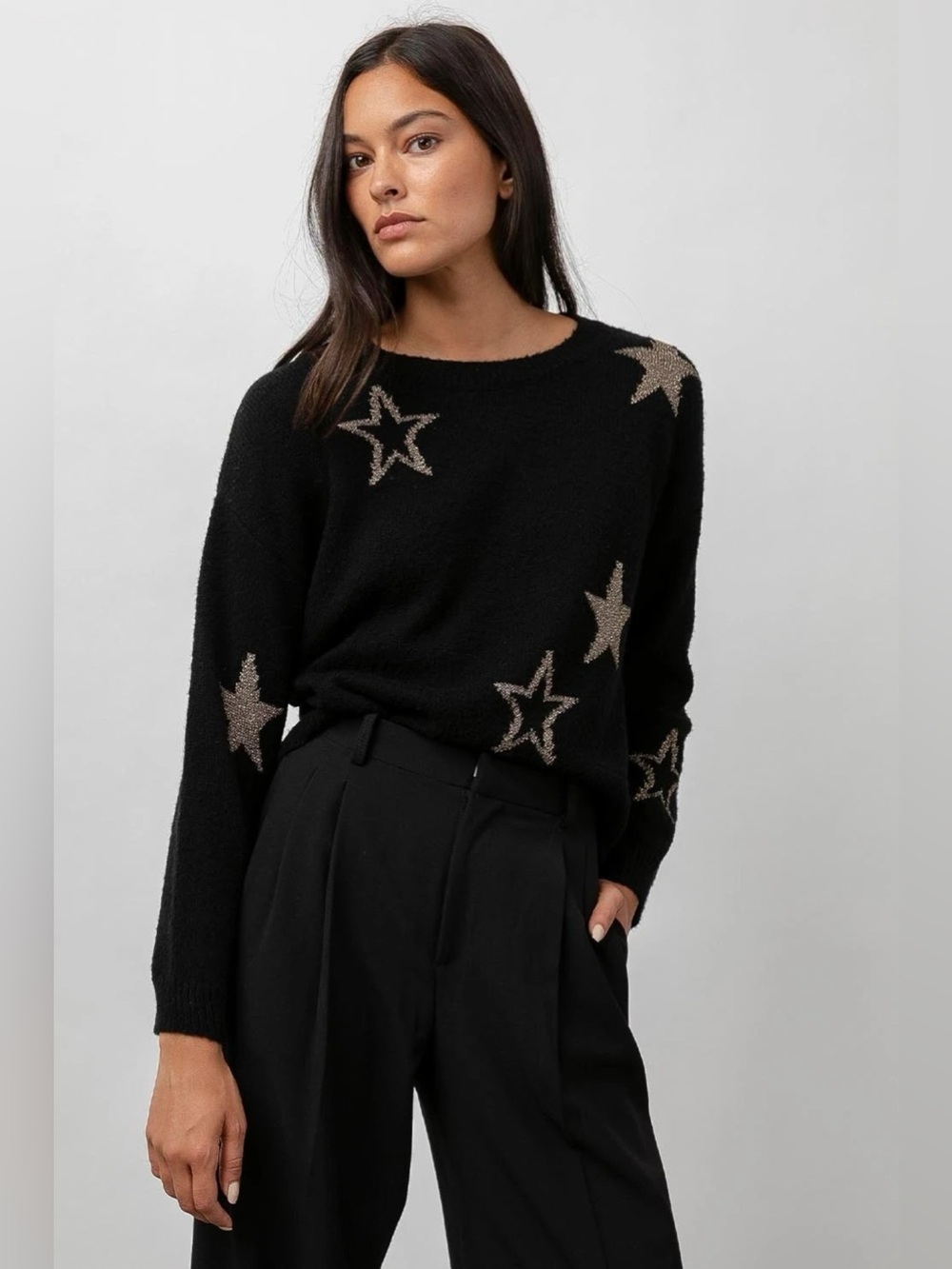 Rails Perci Sweater Black Gold Star Wool Blend Crewneck XS